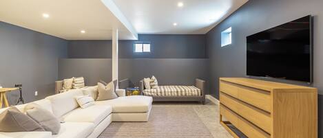 Smart TV, fireplace, books