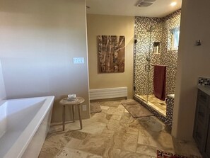 Shower, hair dryer, towels, soap