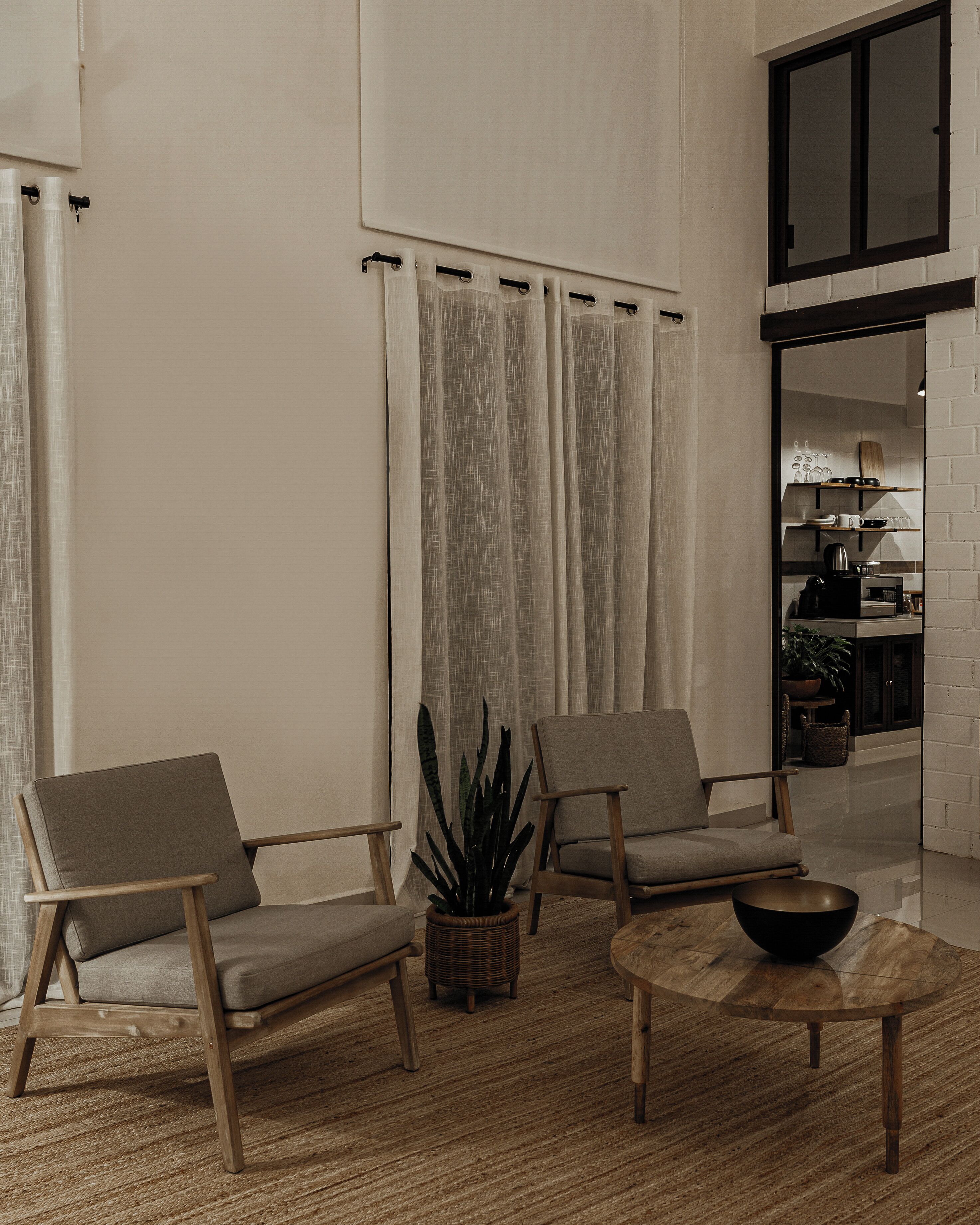 A modern living room with two armchairs, a coffee table, and a potted plant.