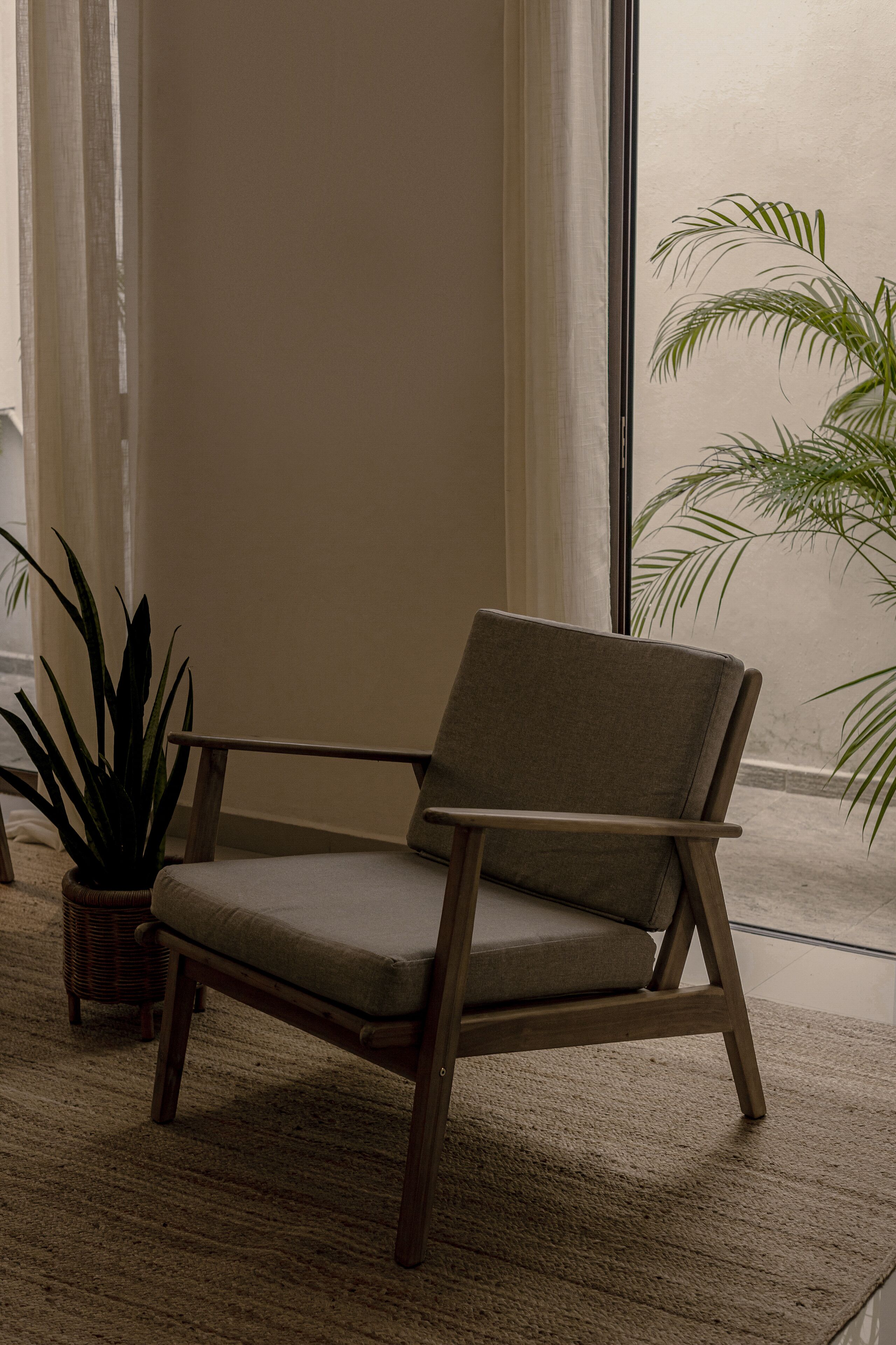 Une chaise avec un coussin, une plante en pot et une fenêtre avec des rideaux.