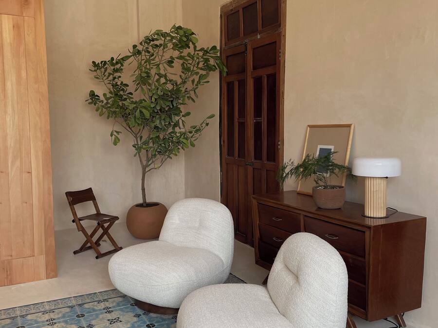 A room with two white armchairs, a wooden cabinet, a potted plant, and a patterned rug.