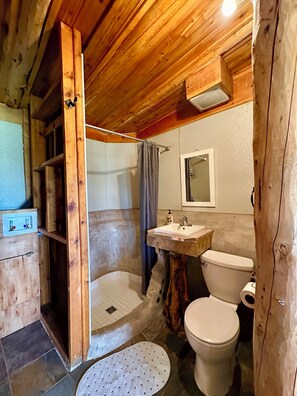 Shower, hair dryer, towels, soap - Natural Home Built in Earthship Style on Waterfront Property  (New Glasgow)