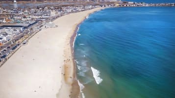 On the beach, sun loungers