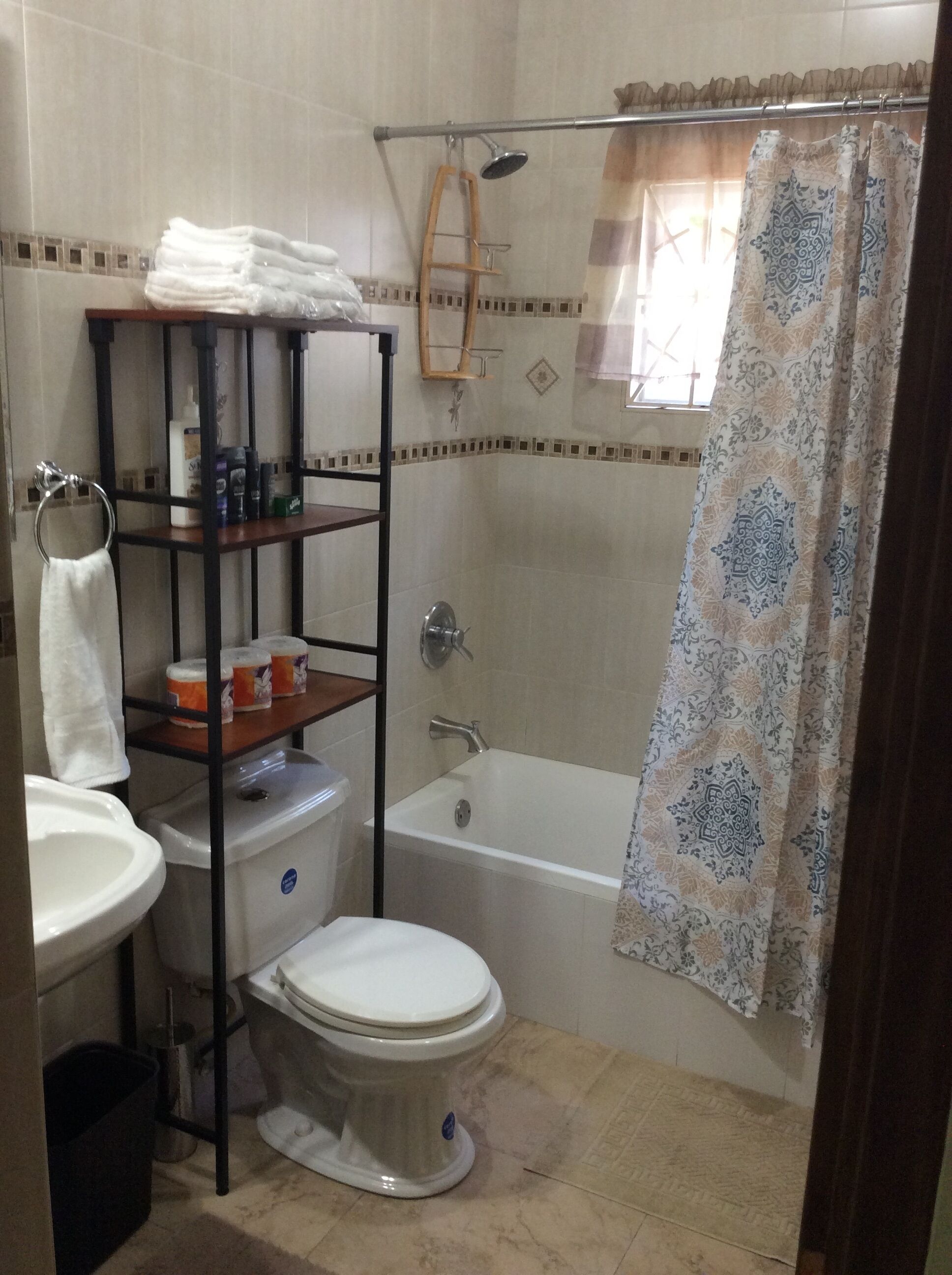 Un baño con inodoro, lavamanos, ducha y un estante con artículos de aseo.
