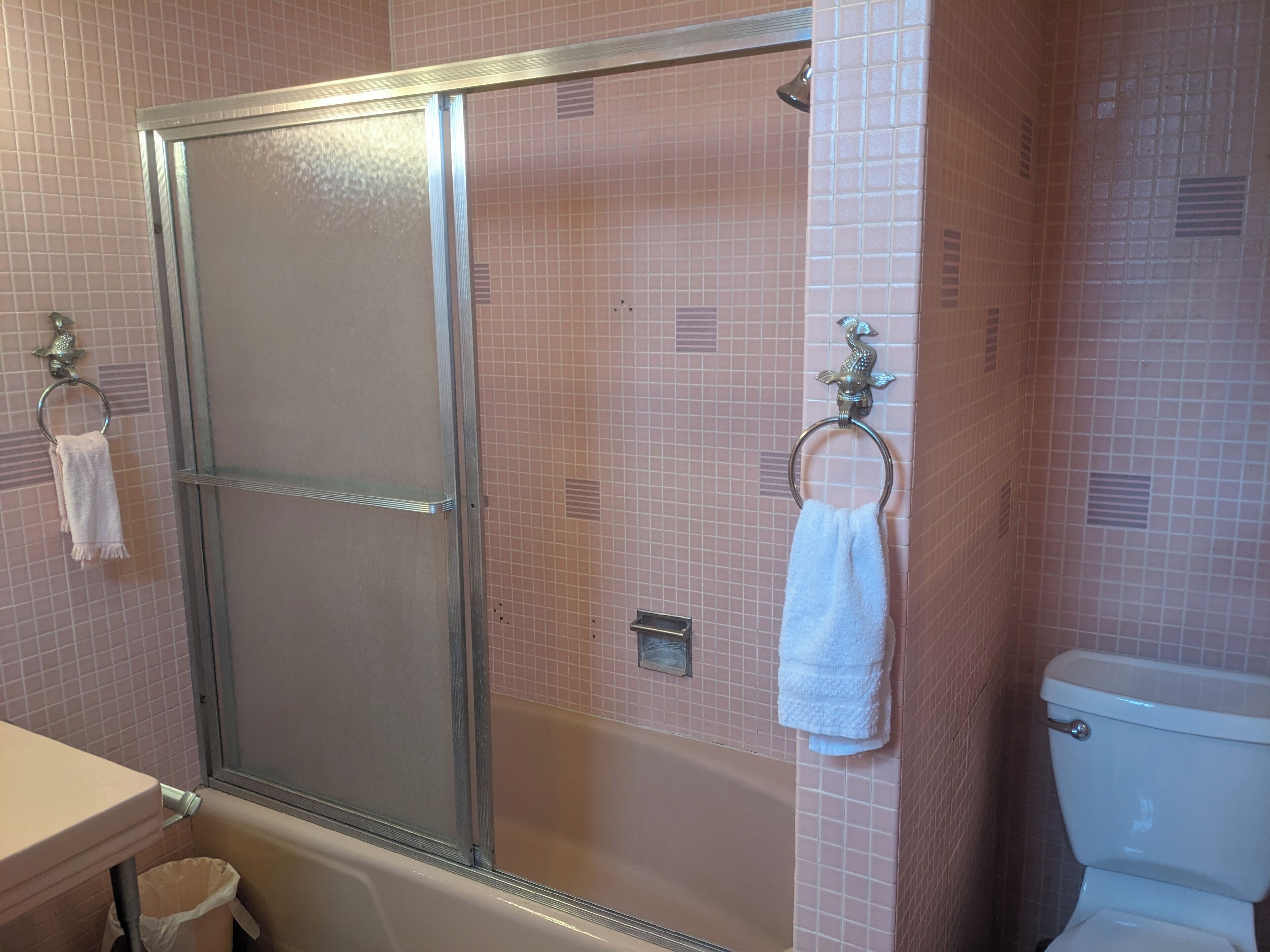 Een badkamer met een glazen douchecabine, toilet en wastafel.