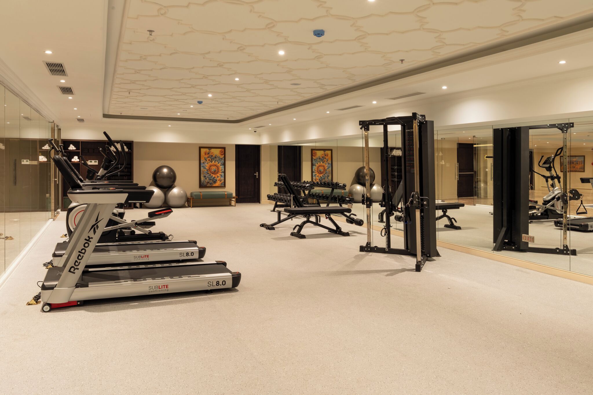 Un gimnasio moderno con cintas de correr, máquinas de pesas y un espejo grande.