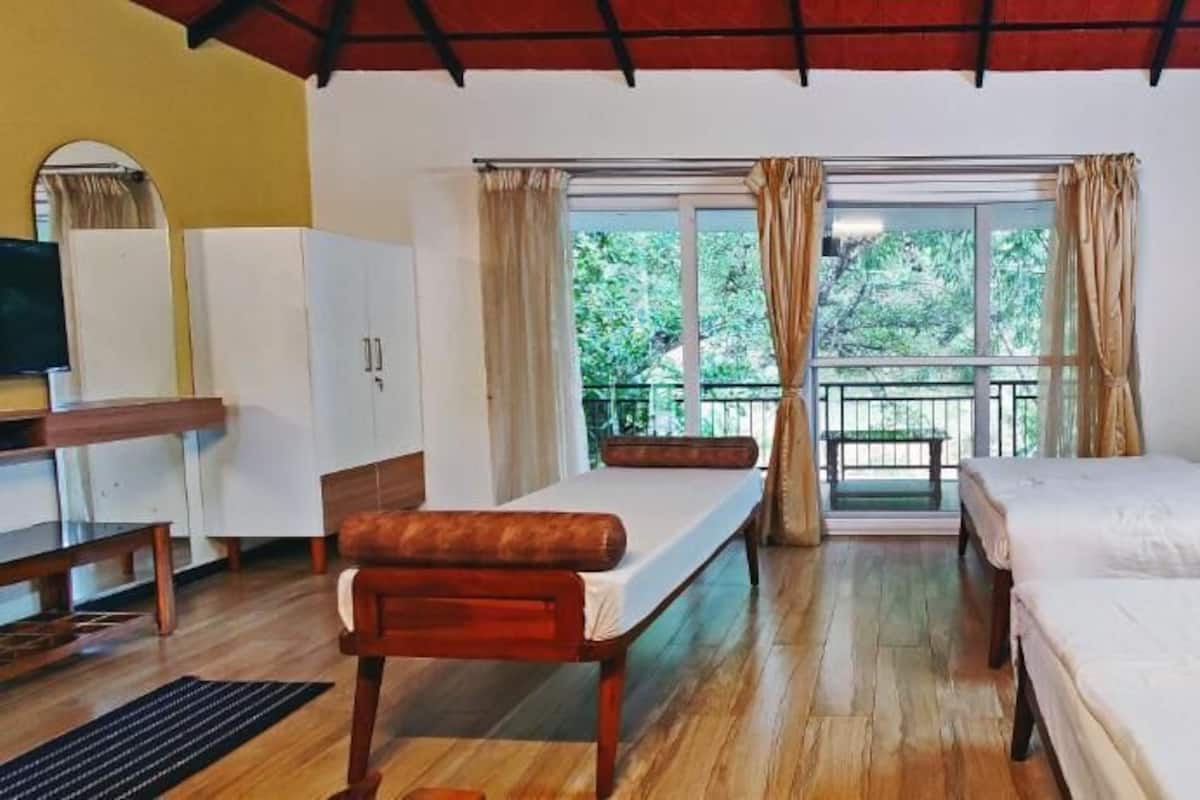 A room with two beds, a desk, and a wardrobe. There is a balcony with curtains and a view of greenery outside.