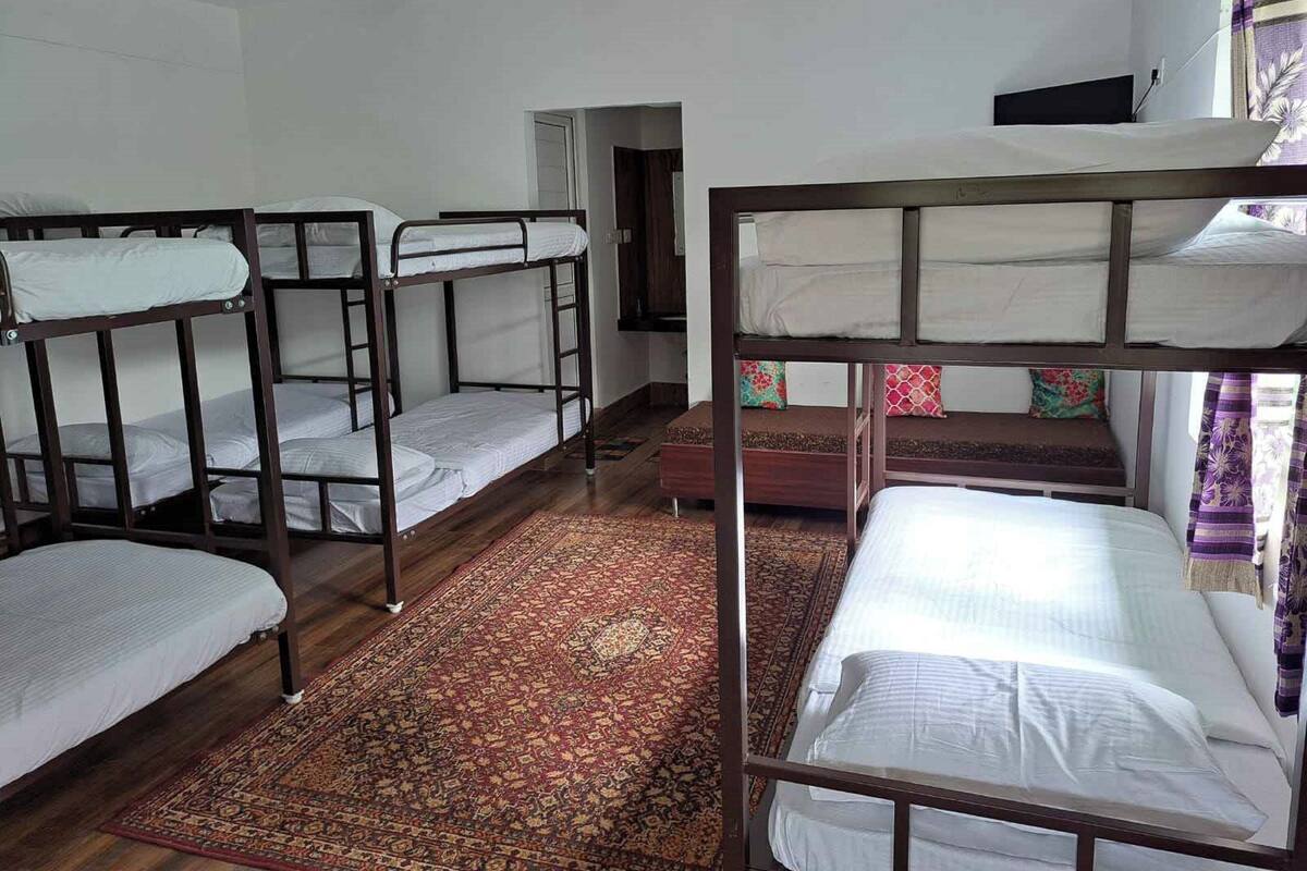 A dormitory room with bunk beds, a patterned rug, and a television on a shelf.