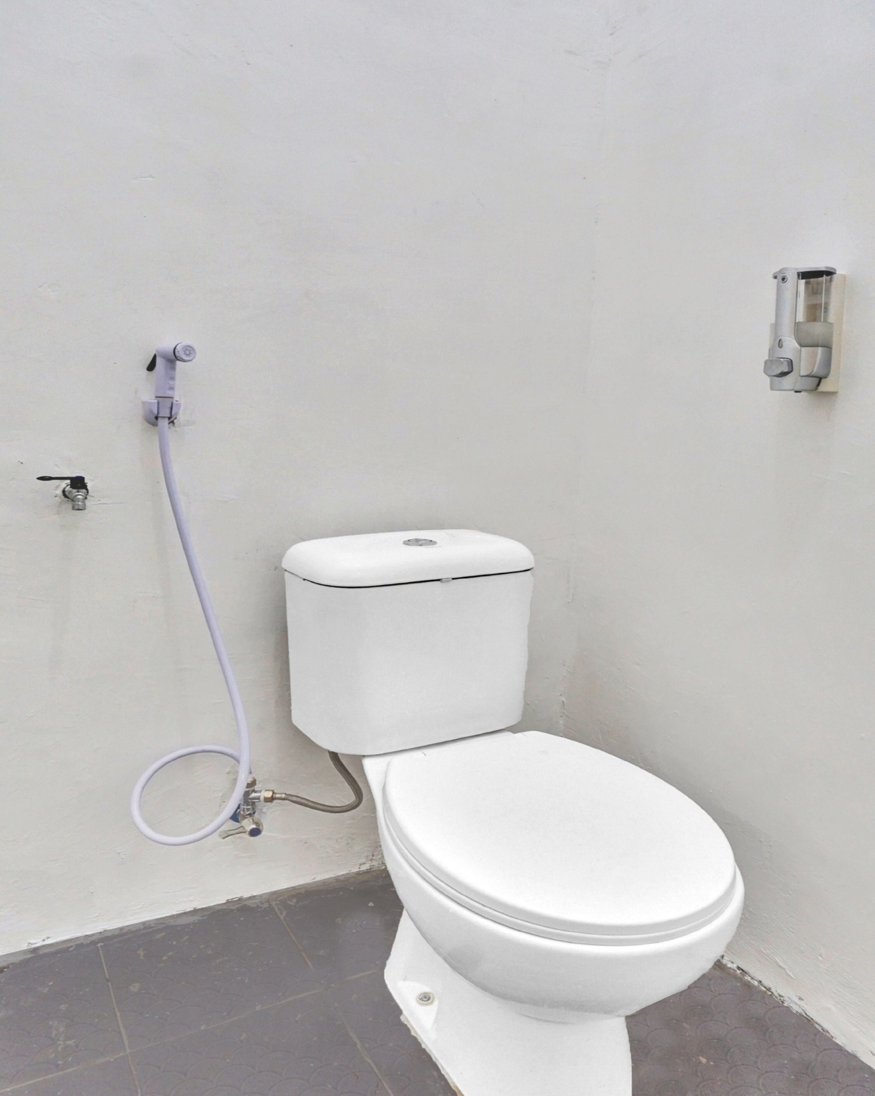 Et hvidt toilet med tanke og låg, tilsluttet en vægmonteret skylleventil og en slange.