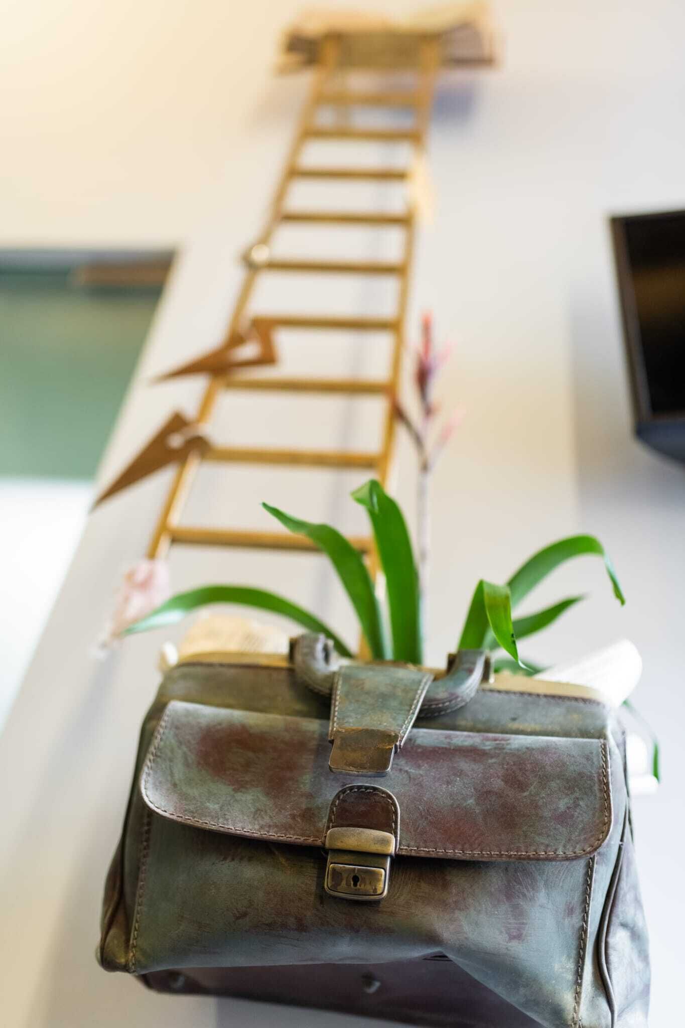 A close-up of a vintage leather bag with a metal clasp, placed on a surface with a ladder and green plants in the background.