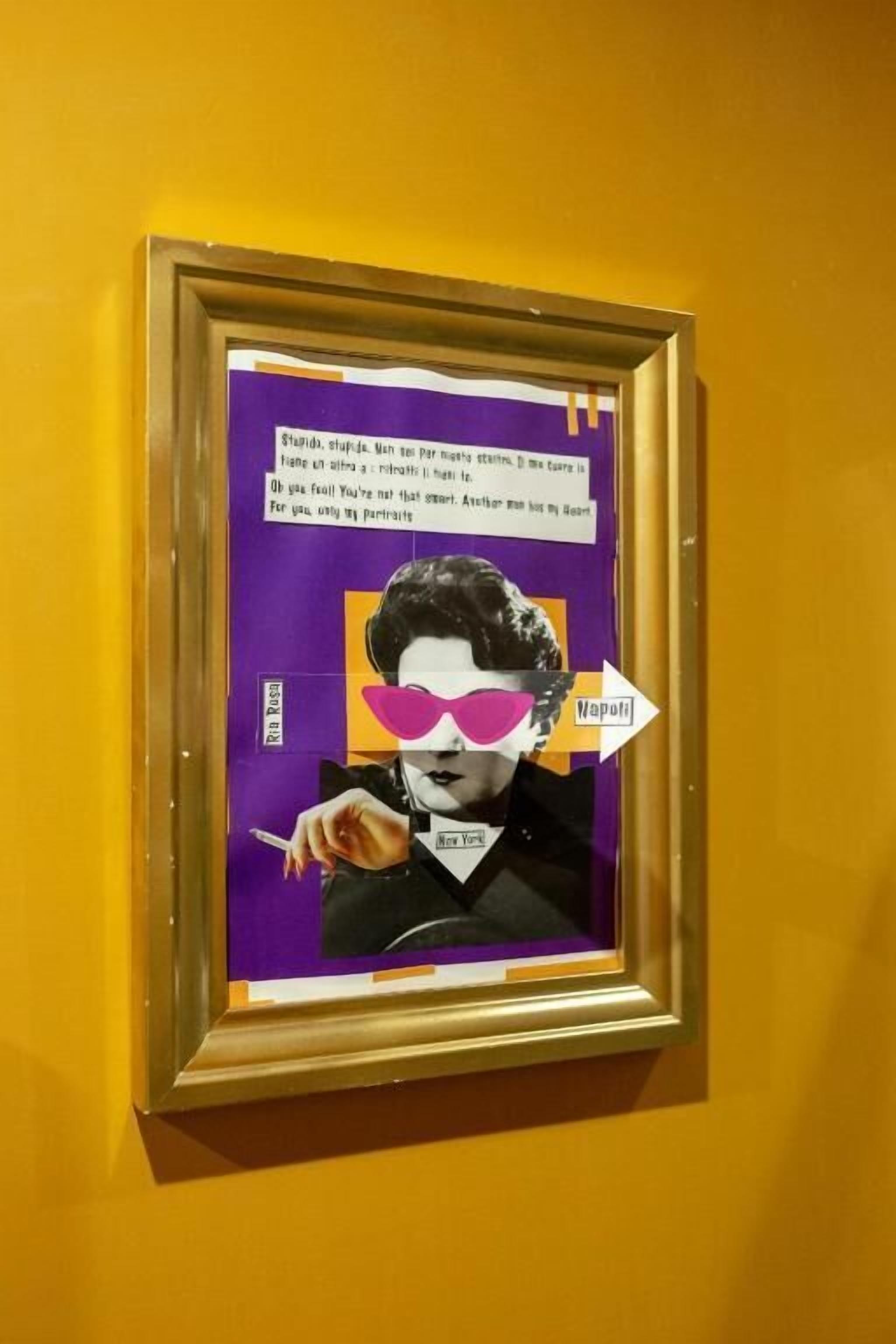 A framed artwork with text and a person wearing sunglasses.