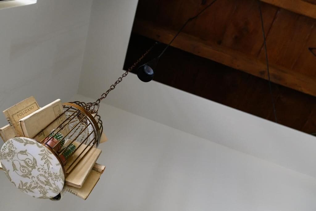 A birdcage with a chain attached to a wooden beam, containing books and a decorative plate.