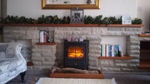 Een gezellige woonkamer met een stenen openhaard, een schoorsteenmantel versierd met kerstkransen, een spiegel boven de openhaard en een boekenkast vol boeken.