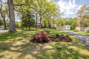 A residential area with a large tree, a small shed, and a house with a well-maintained lawn.