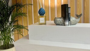 A reception desk with a wooden backdrop, a potted plant, a bottle of perfume, and a book titled 'ROBERT HARRIS ANGST'. - Kairos Tropea (Tropea)