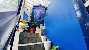 A staircase with potted plants, a large blue wall, and a window with a view of trees. - Clarence Cottage (Dehradun)