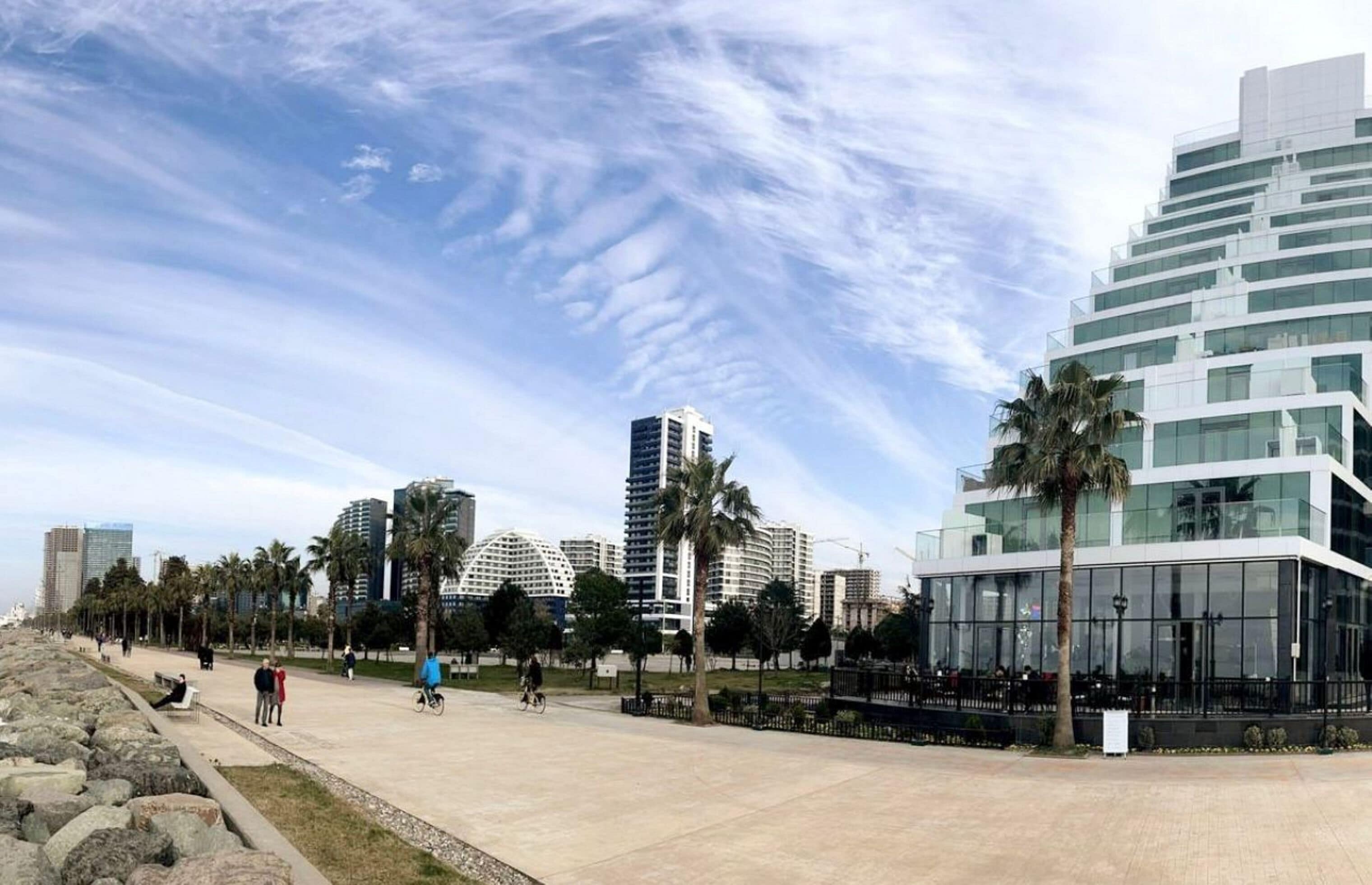 A modern urban area with a wide pedestrian walkway, palm trees, and contemporary buildings.