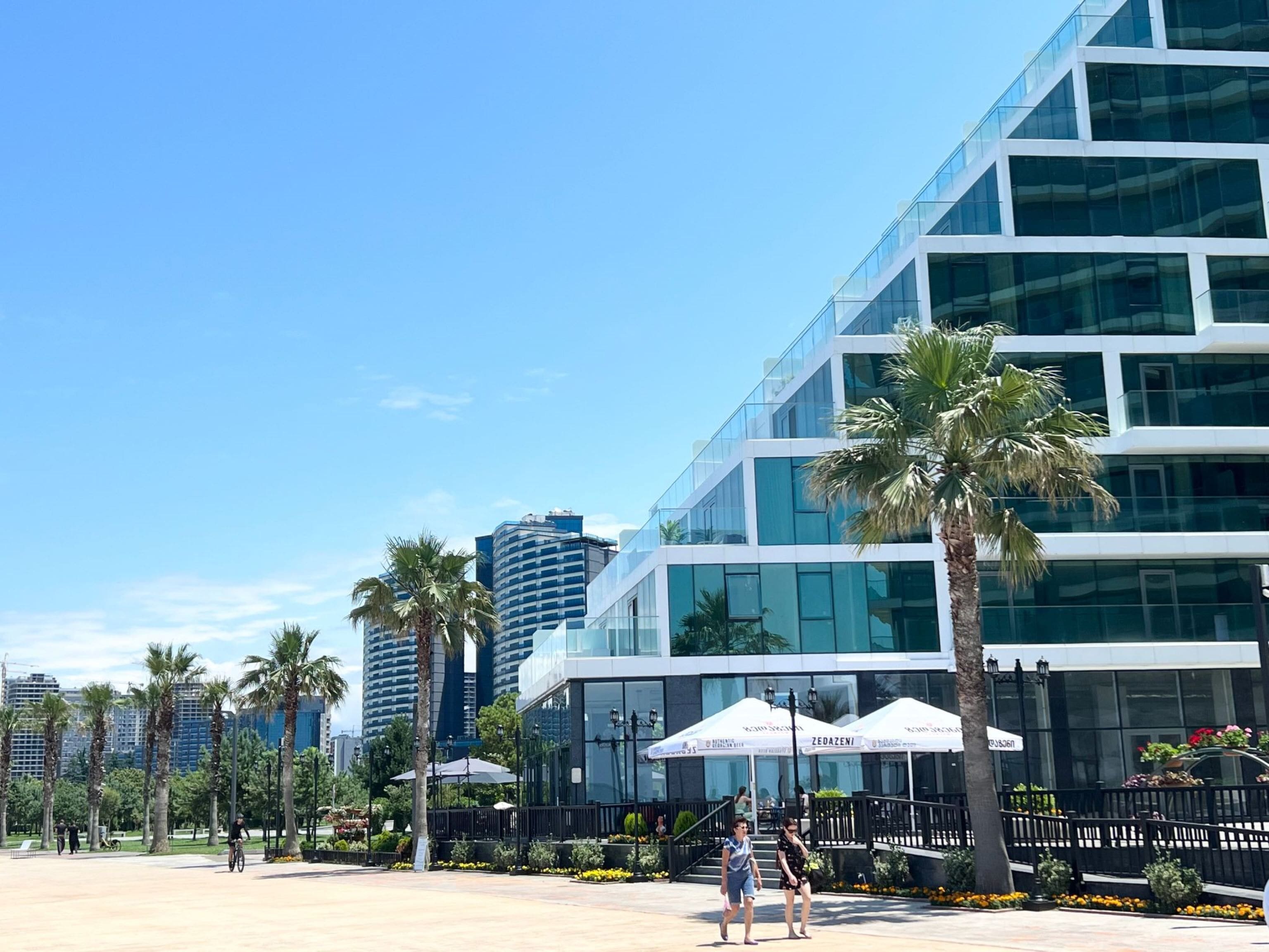 A modern building with large glass windows and a palm tree in the foreground.