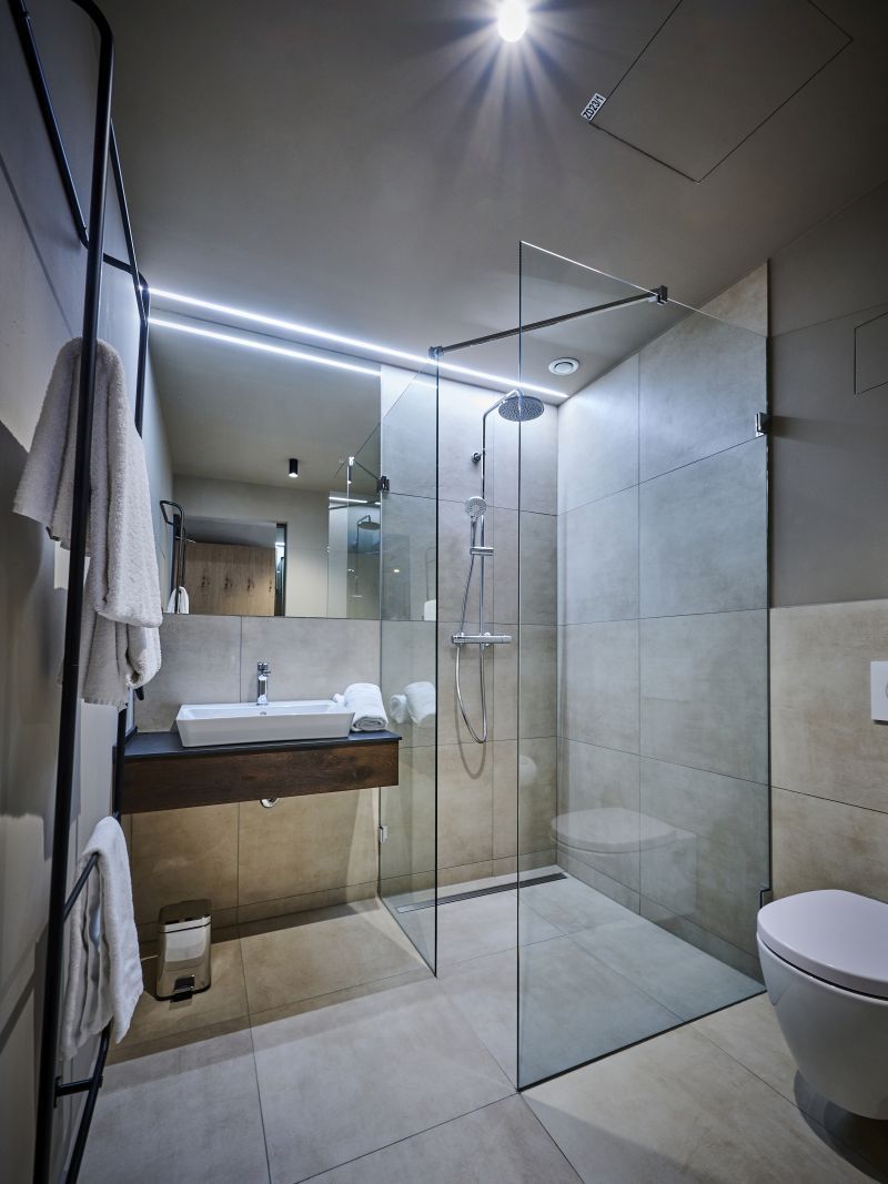 A modern bathroom with a glass-enclosed shower, a vanity with a sink, and a toilet.