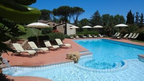 Une piscine entourée d’arbres et d’un bâtiment en pierre, avec des chaises longues et des parasols à proximité.