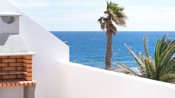 Ein Balkon mit Blick auf das Meer und eine Palme.