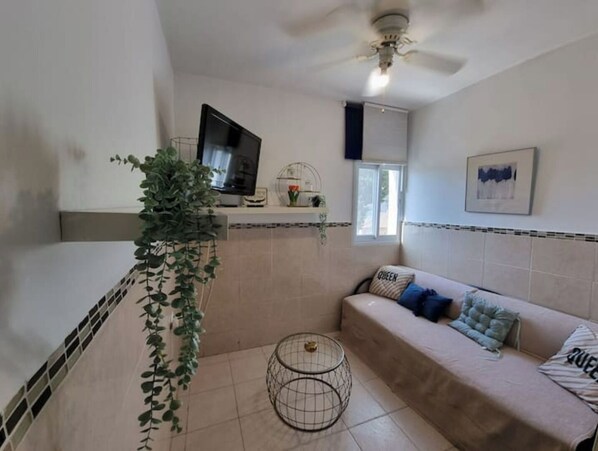 Cozy living space with a kitchenette, TV, and sofa, featuring a queen-sized bed and a potted plant.