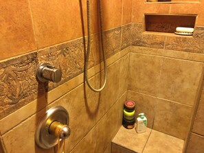 Hair dryer, towels, soap, toilet paper