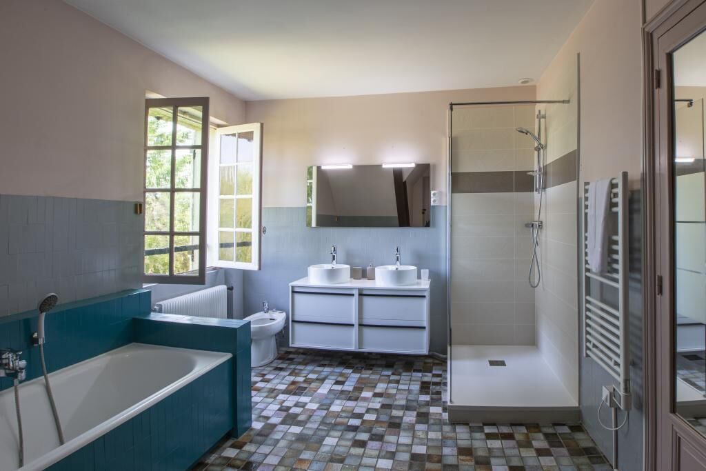 Shower, hair dryer, bidet, towels