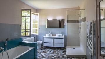Shower, hair dryer, bidet, towels