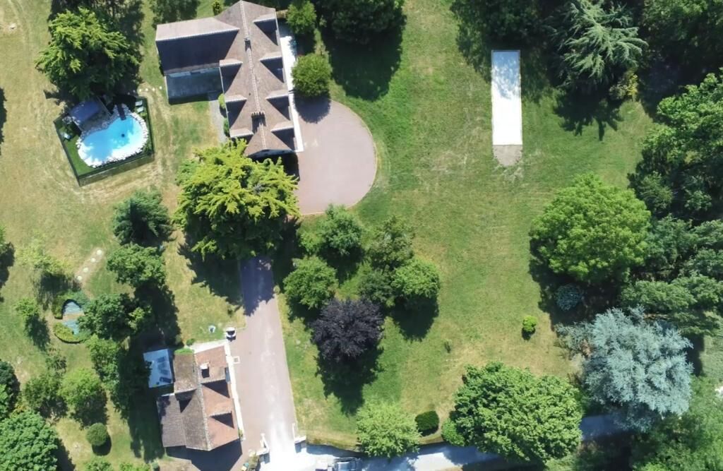 Vista aérea de una zona residencial con una casa, una piscina y un árbol grande.