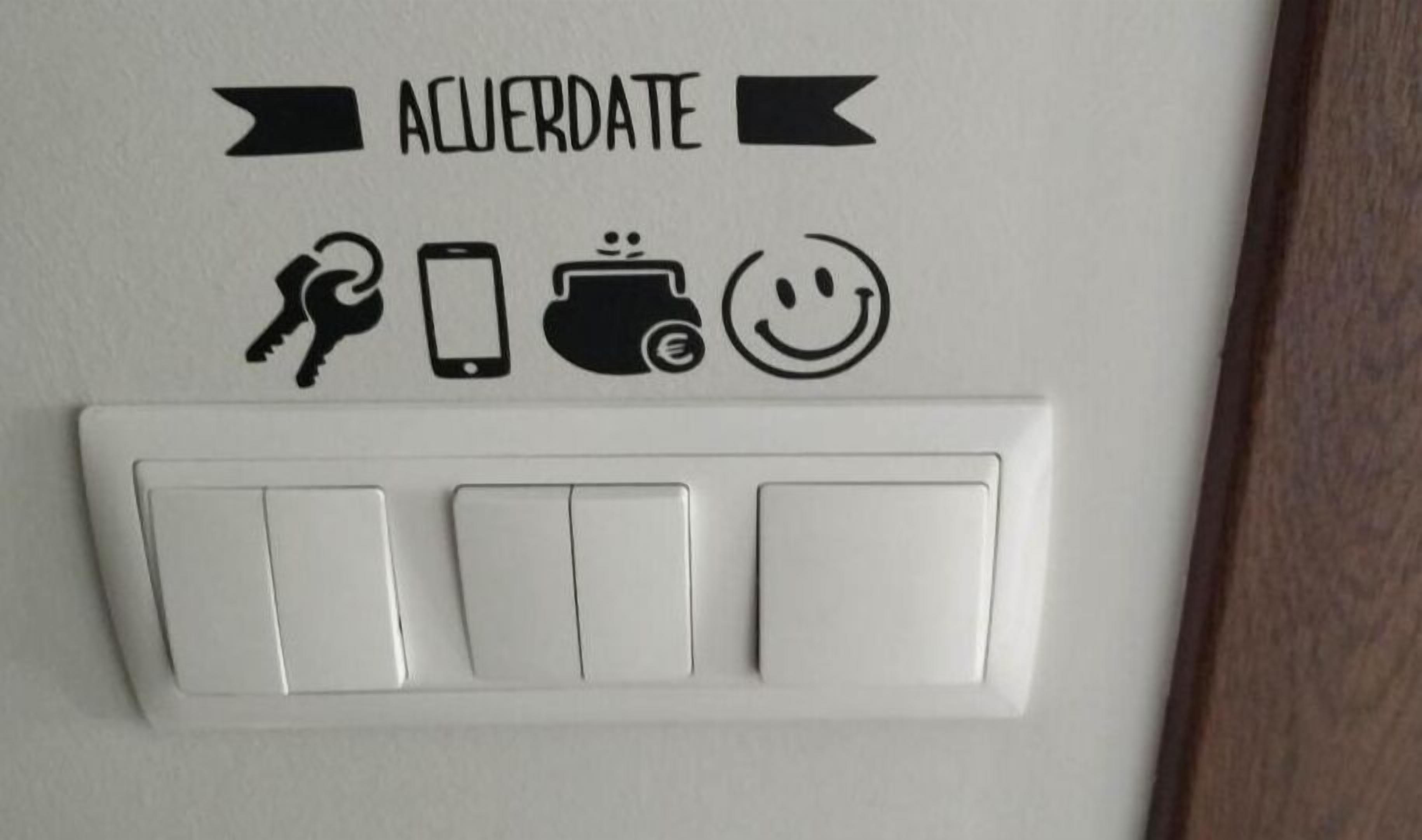 A wall-mounted switch with three toggle switches and icons above it, including a key, a mobile phone, a pot of gold, and a smiley face.