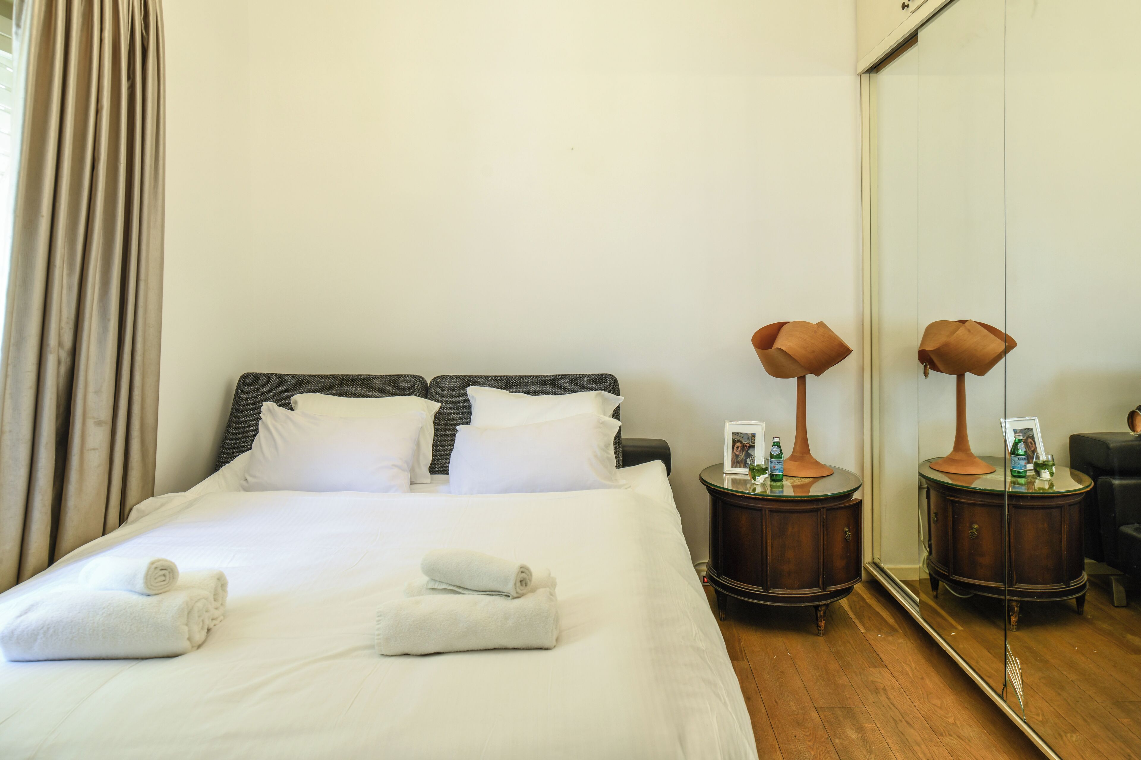 1 bedroom, desk, iron/ironing board, bed sheets
