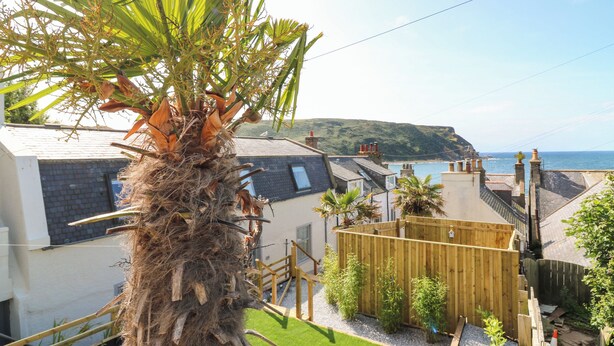 Un quartier résidentiel offrant une vue sur la mer, avec un palmier et une clôture en bois.