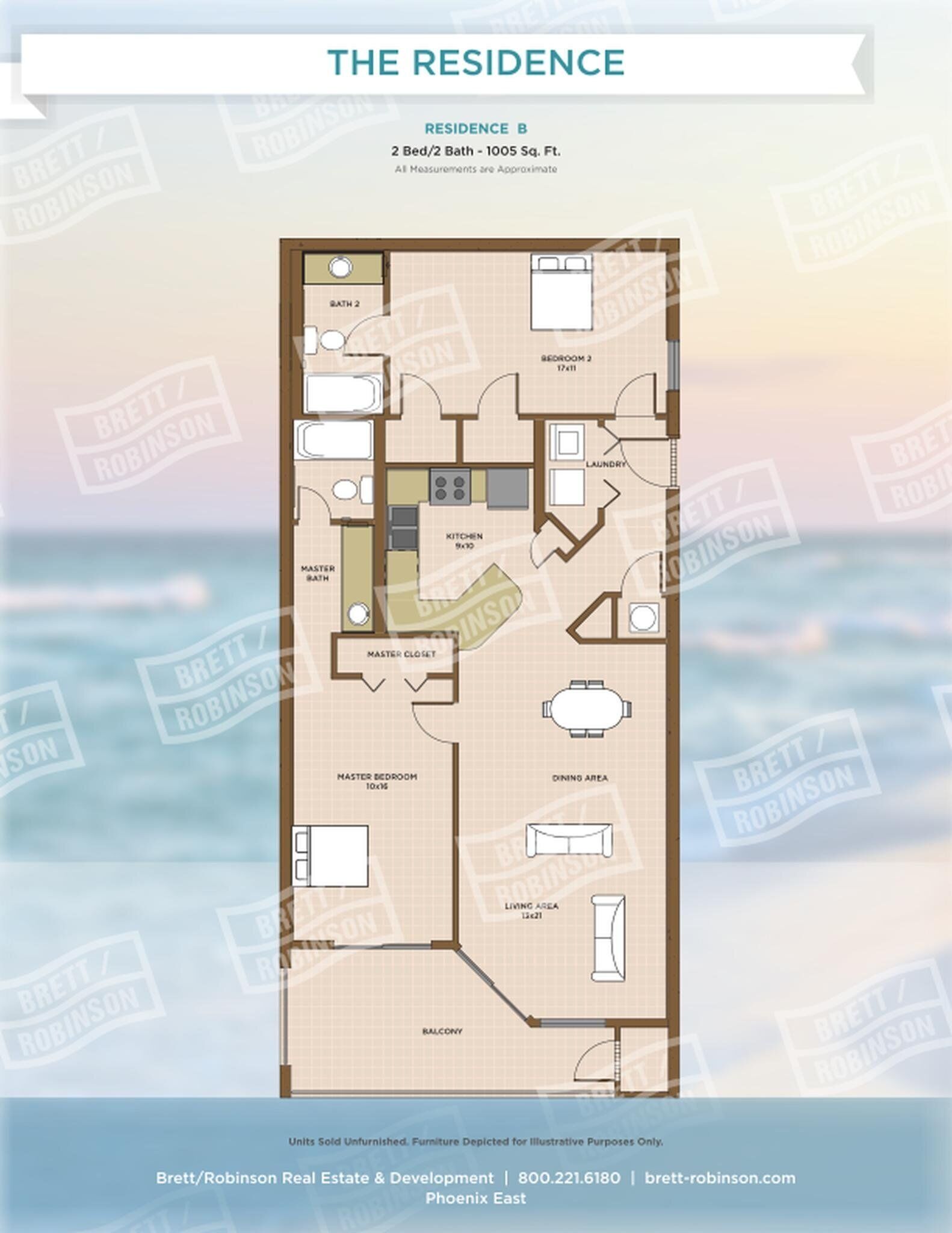 A floor plan of a 2-bedroom, 2-bathroom residence with a master bedroom, master bathroom, kitchen, dining area, living area, and balcony.