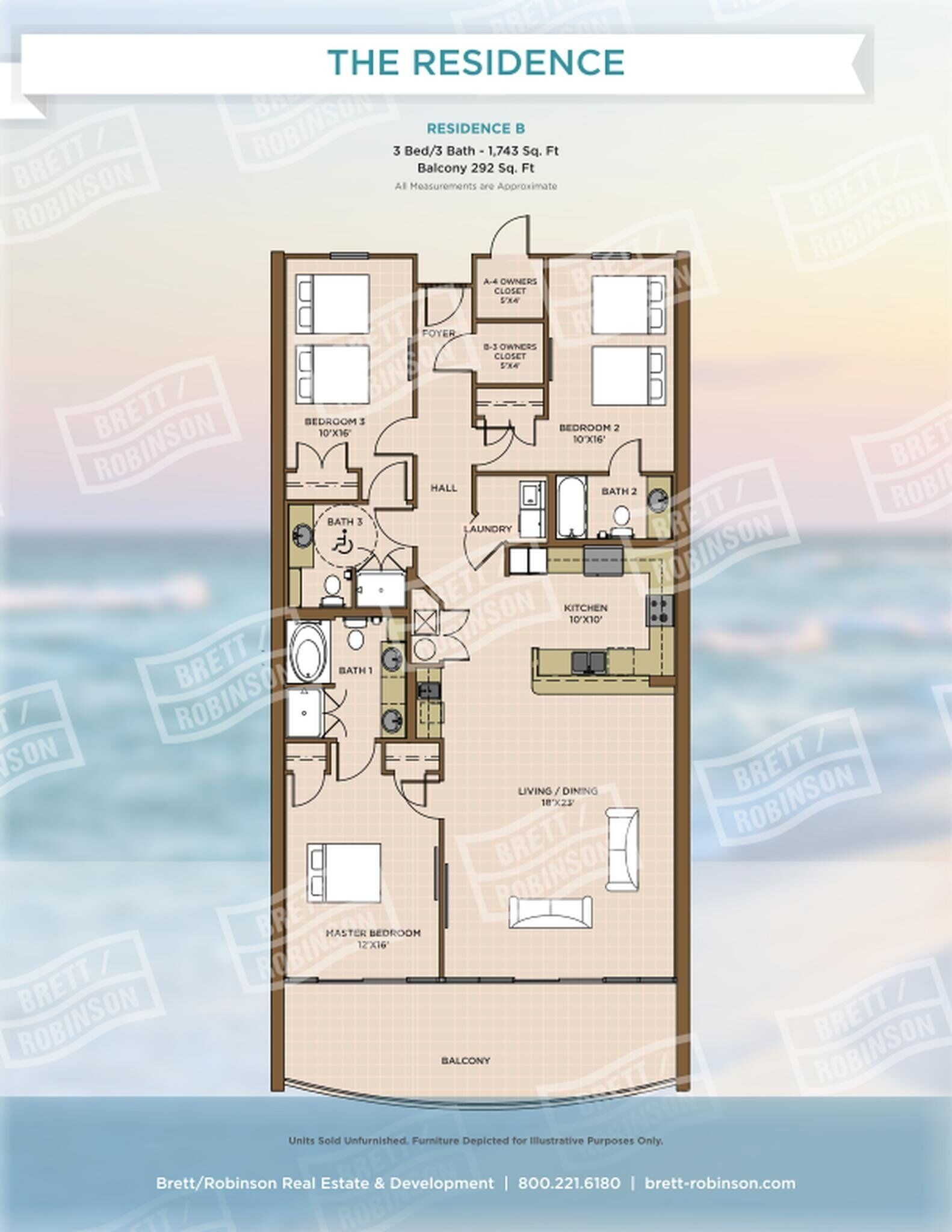 A floor plan of a residence with 3 bedrooms, 2 bathrooms, a living/dining area, a kitchen, a master bedroom, and a balcony.