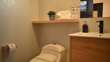 A bathroom with a toilet, a shelf with a plant and towels, a mirror, and a sink with a soap dispenser.