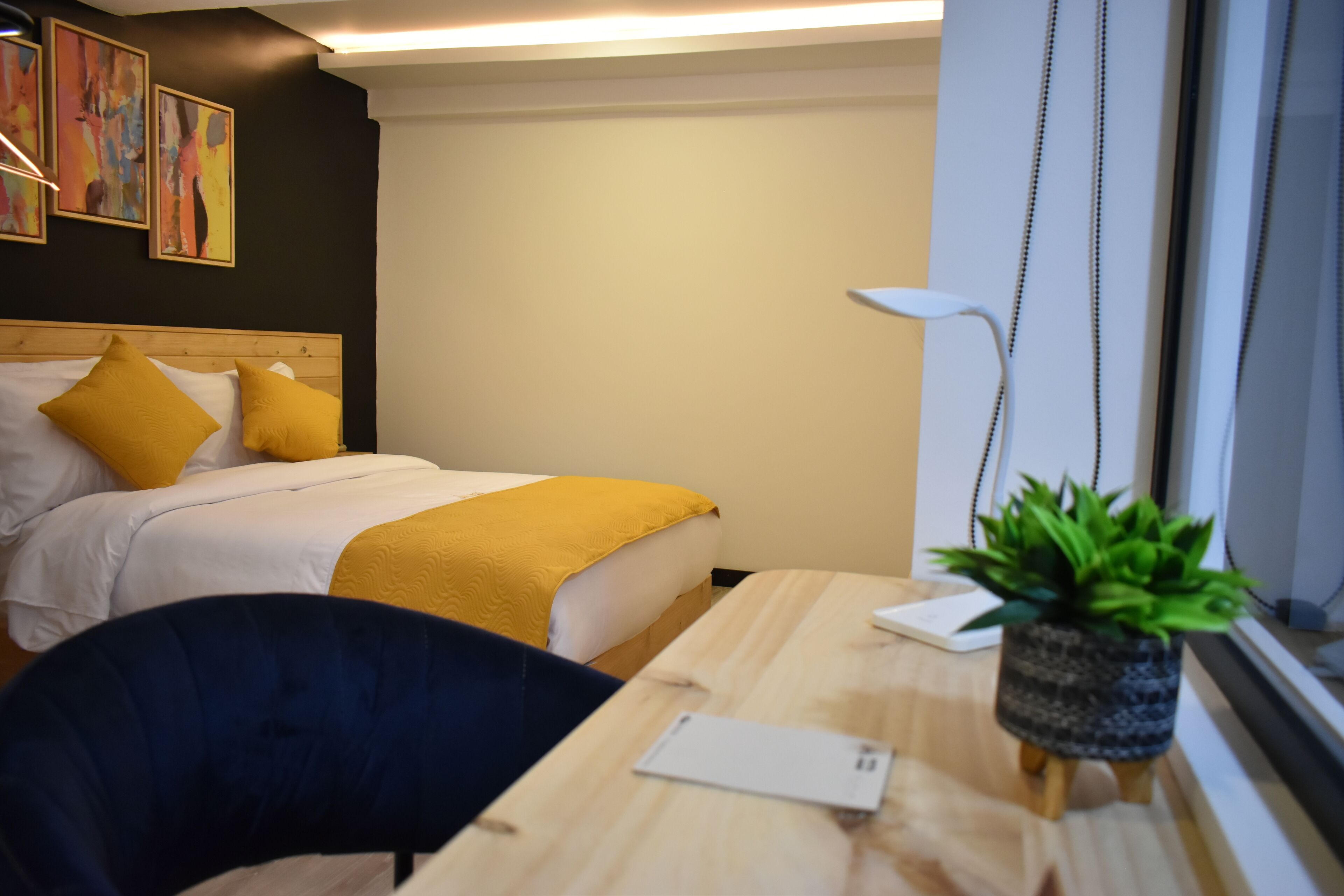 A hotel room with a bed, a desk, a chair, a potted plant, and artwork on the wall.