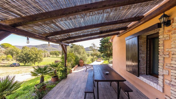 Une terrasse extérieure avec une table et des bancs en bois, entourée de plantes en pot et offrant une vue sur une route et des collines.