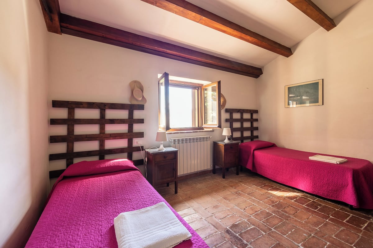 Una habitación con dos camas, cabeceros de madera, una ventana con vistas, un radiador y un cuadro enmarcado en la pared.
