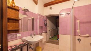 Une salle de bain équipée d’un lavabo, d’un miroir et d’un espace douche.