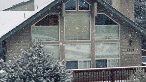 Une cabane en bois avec un toit à forte pente, de grandes fenêtres et une cheminée.