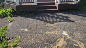 A single-story house with a front porch, a chimney, and a door with a glass panel. - Spacious, pet-friendly home in Hancock Twp. Includes indoor sauna! (Hancock)