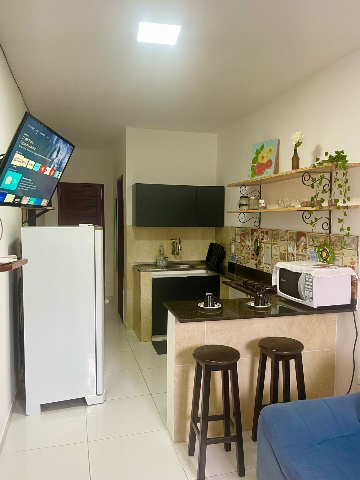 Full-sized fridge, microwave, stovetop, blender