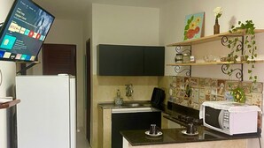 Une cuisine compacte équipée d’un réfrigérateur, d’un four à micro-ondes et d’un petit îlot avec des tabourets. Un téléviseur à écran plat est fixé au mur, au-dessus du plan de travail de la cuisine.