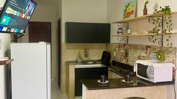 Grand réfrigérateur, micro-ondes, plaque de cuisson, blender