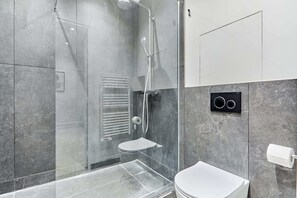 Douche, séchoir à cheveux, serviettes fournies, savon