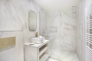 Shower, hair dryer, towels, shampoo