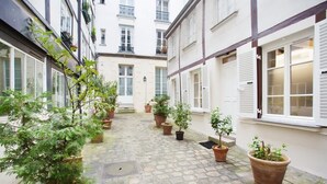 Un patio empedrado y estrecho con plantas en macetas y ventanas de marco blanco.