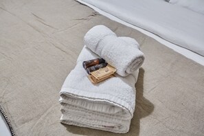 Shower, hair dryer, towels, shampoo