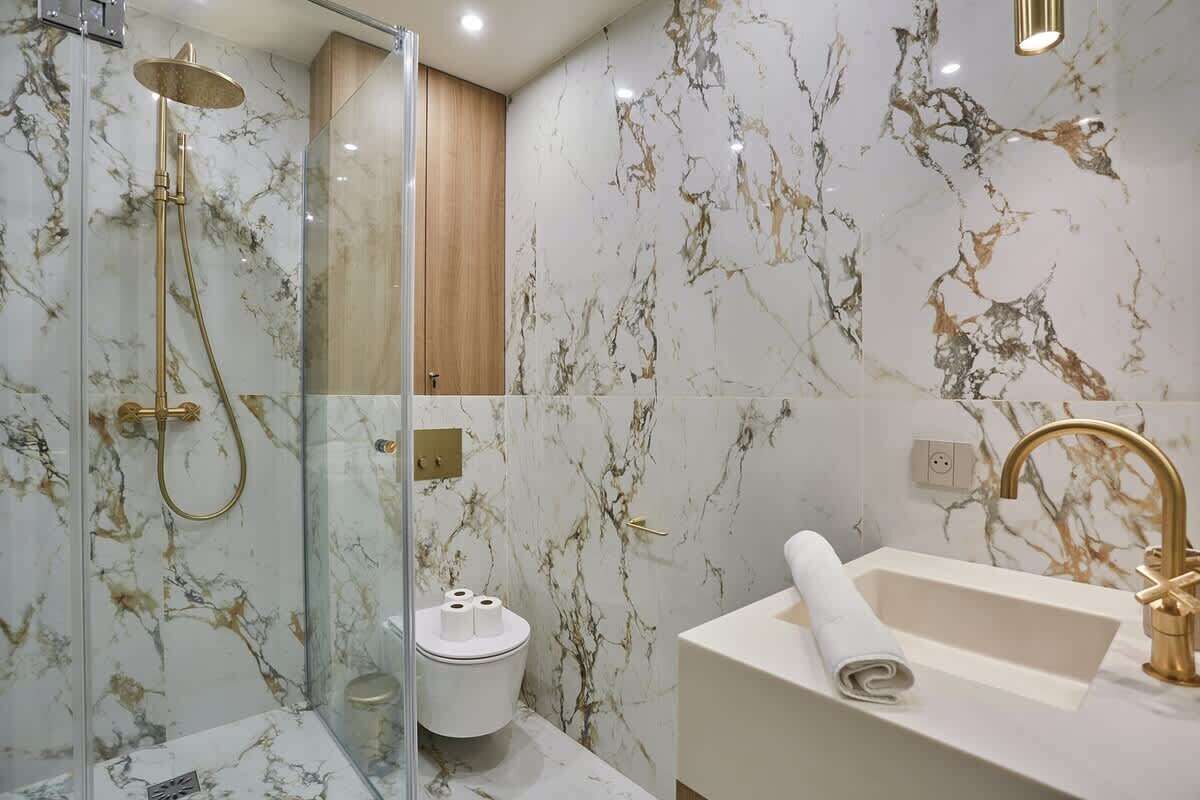 Shower, hair dryer, towels, shampoo
